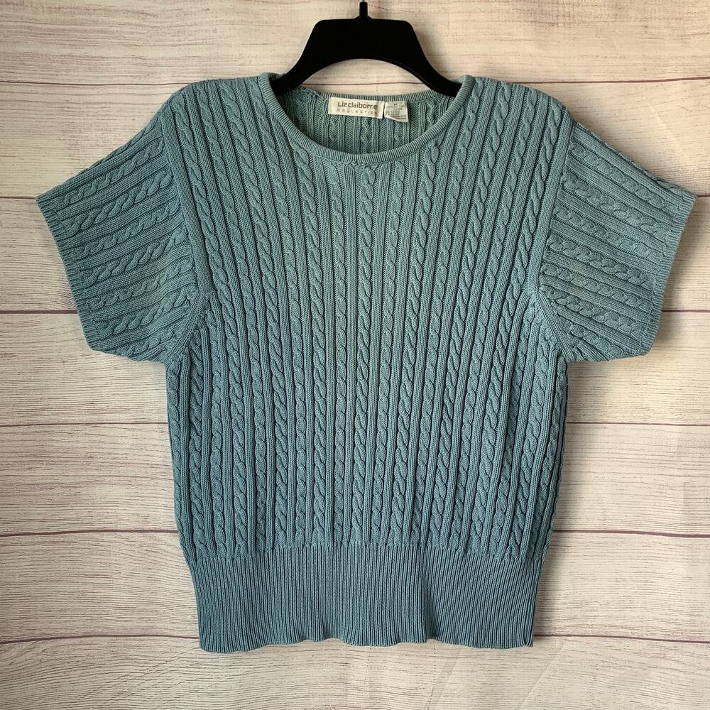 Vintage Liz Claiborne Collection Blue Cable Knit Sweater Short Sleeve Size M
